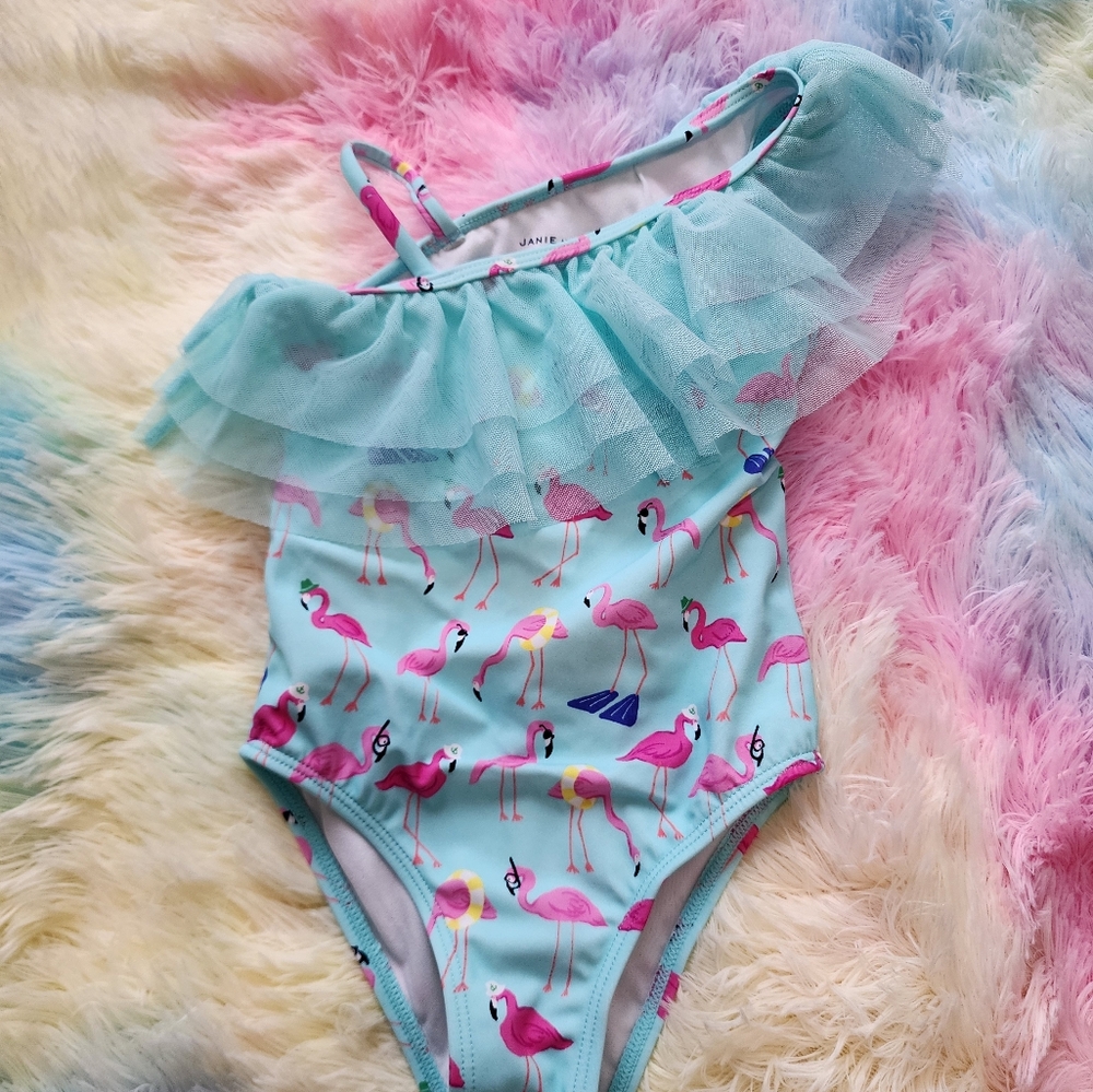 Janie And Jack: Kids Flamingo Print Swimsuit - Blue